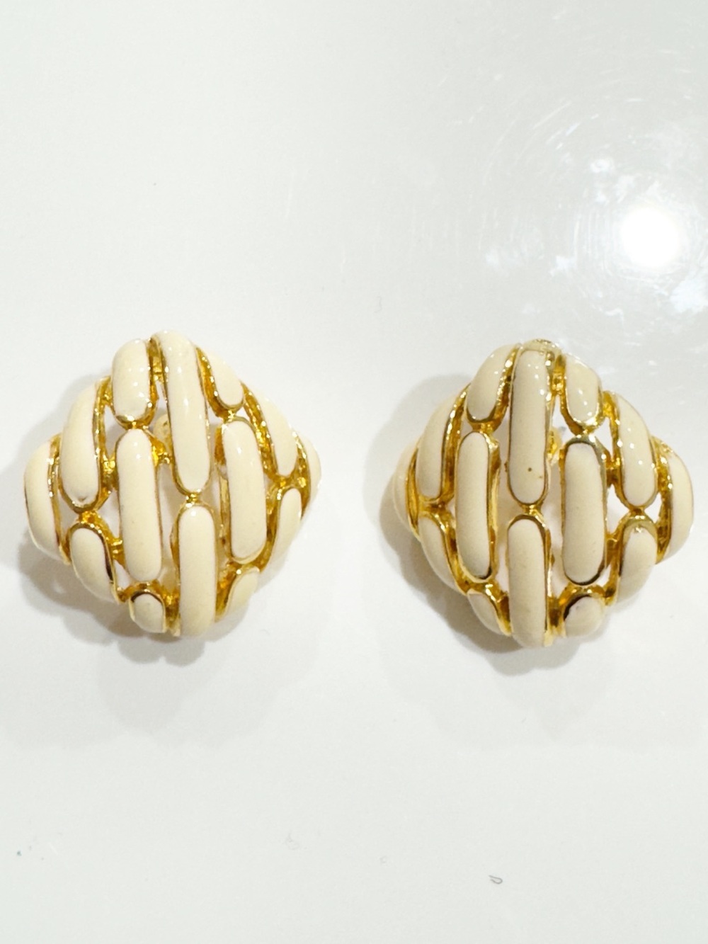 Ciner Gold Enamel Cream Dome Clip Earrings - Women Jewelry